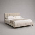 Lit double rembourré beige 160 × 200 cm avec sommier à lattes, 218 × 171 × 110 cm