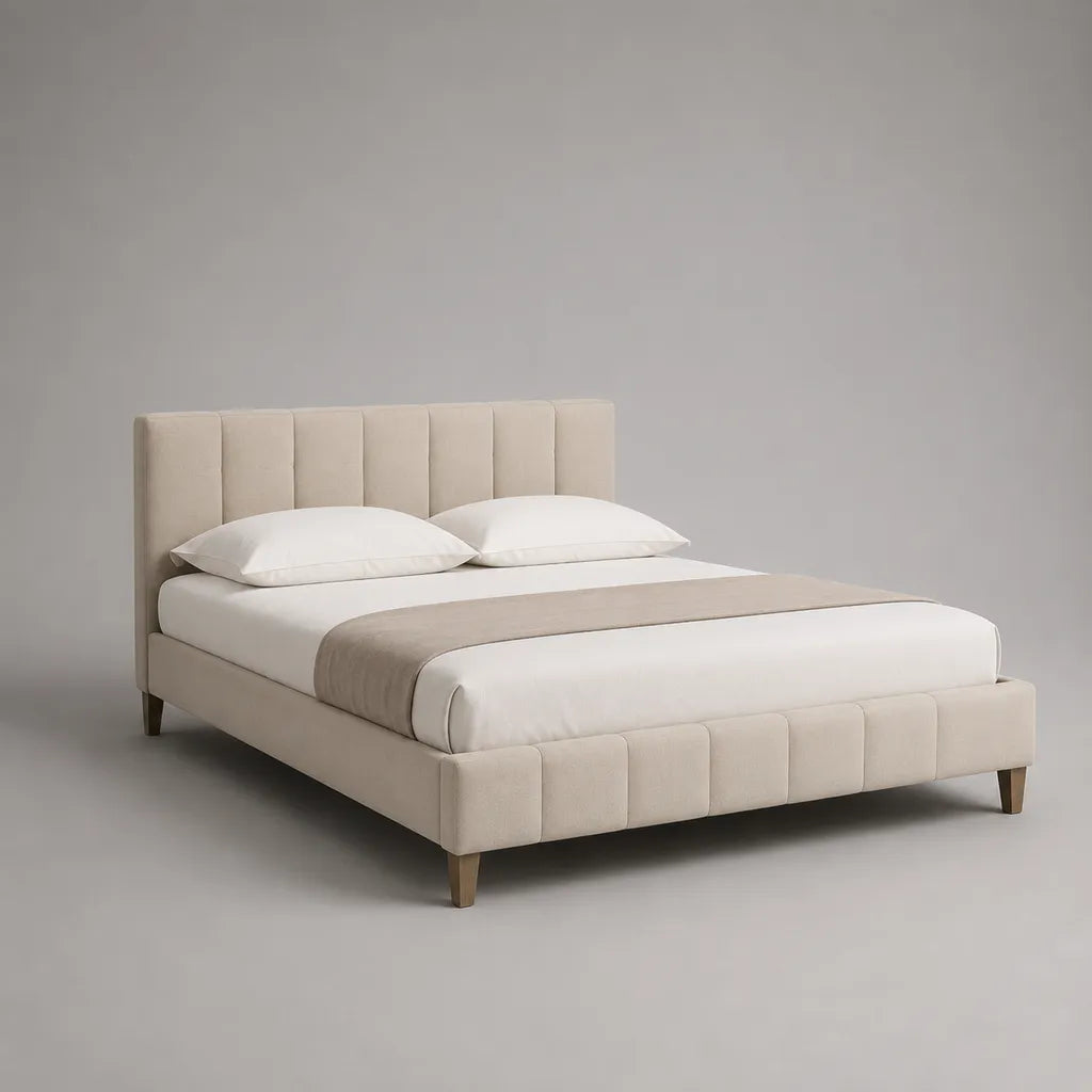 Lit double rembourré beige 160 × 200 cm avec sommier à lattes, 218 × 171 × 110 cm
