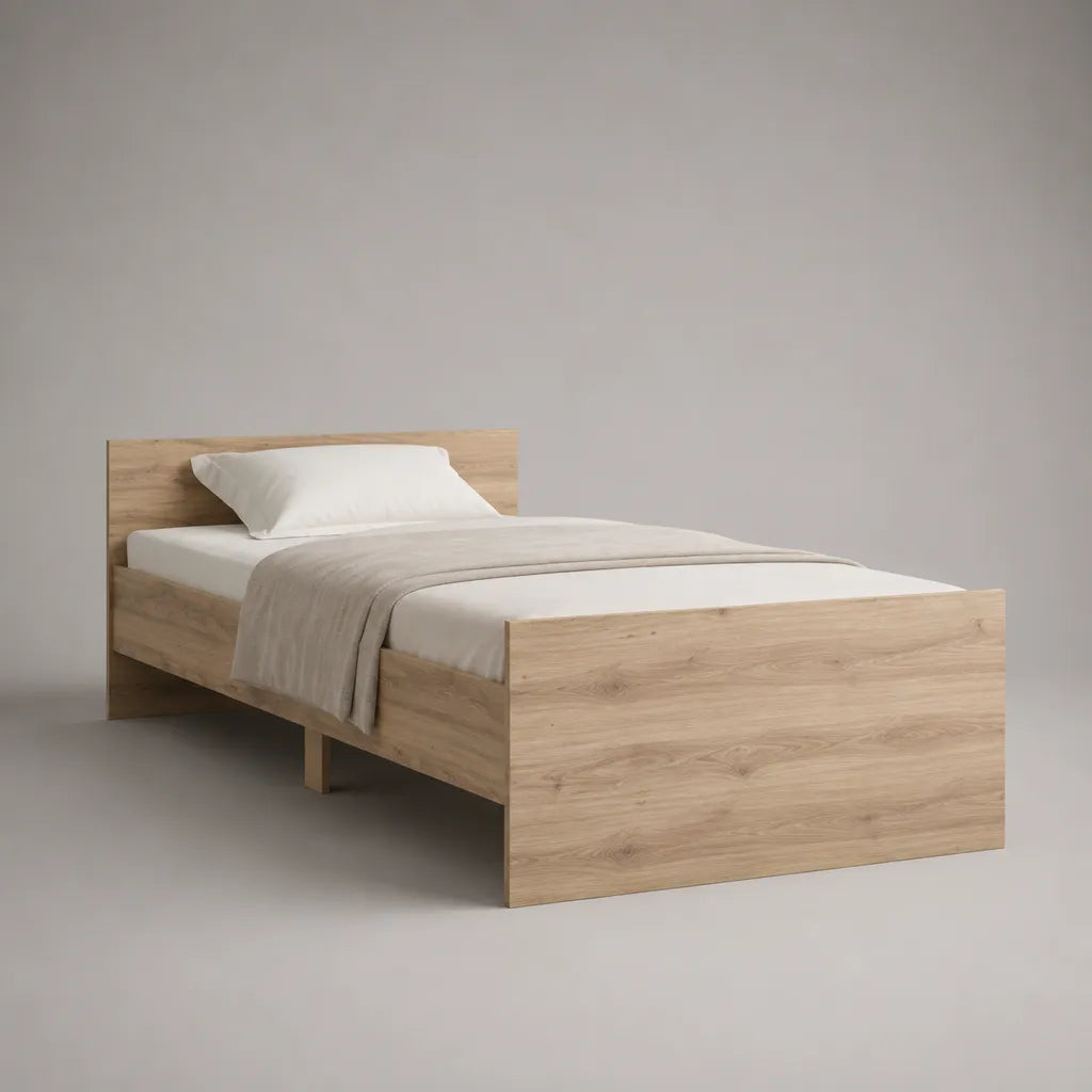 Lit simple en panneaux de particules mélaminés, chêne naturel, couchage 90 × 190 cm, dimensions 198 × 96 × 80 cm