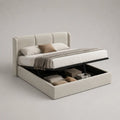 Lit coffre double rembourré en tissu beige avec cadre en acier, couchage 160 x 200 cm