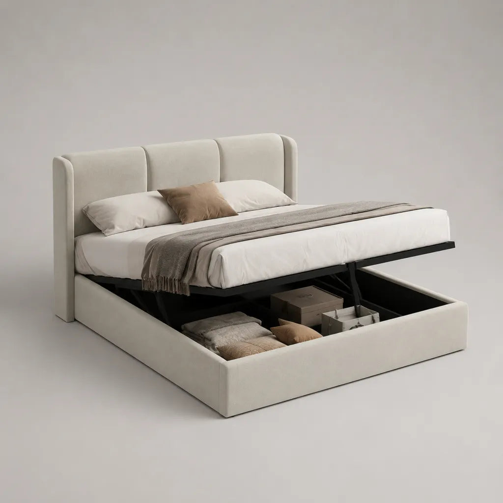 Lit coffre double rembourré en tissu beige avec cadre en acier, couchage 160 x 200 cm