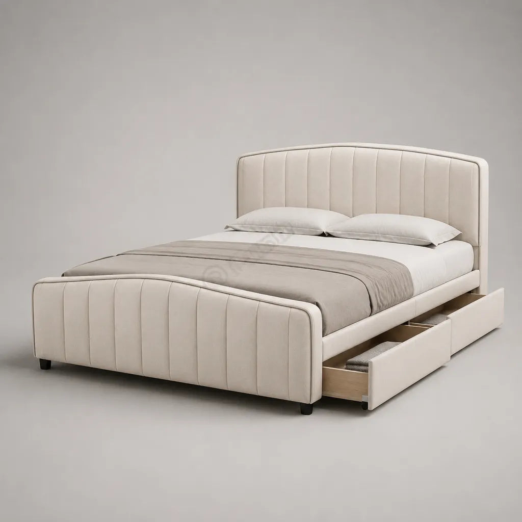 Cadre de lit double rembourré en tissu avec 2 tiroirs latéraux, beige crème et noir, couchage 160 × 200 cm