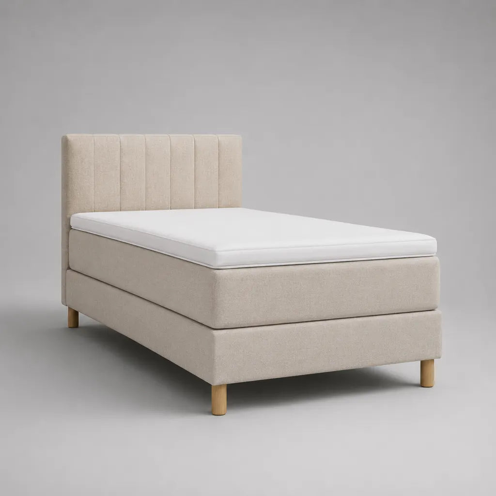 Lit 1 place en tissu beige avec tête de lit, sommier, matelas et surmatelas, couchage 90 × 200 cm
