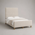 Lit double rembourré en tissu beige et bois, 160 x 200 cm, tête de lit haute et pied de lit