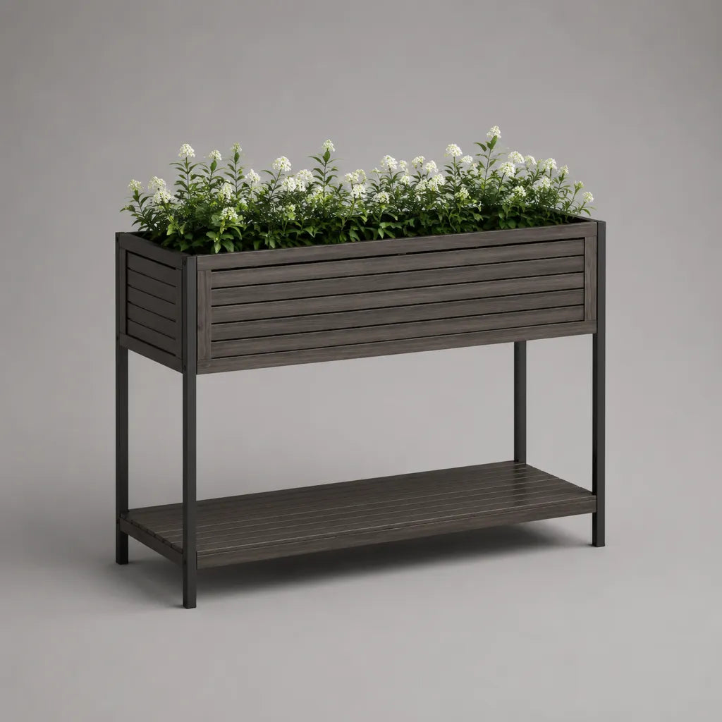 Jardinière surélevée rectangulaire en bois et acier avec étagère, brun foncé et noir, 100 × 40 × 90 cm
