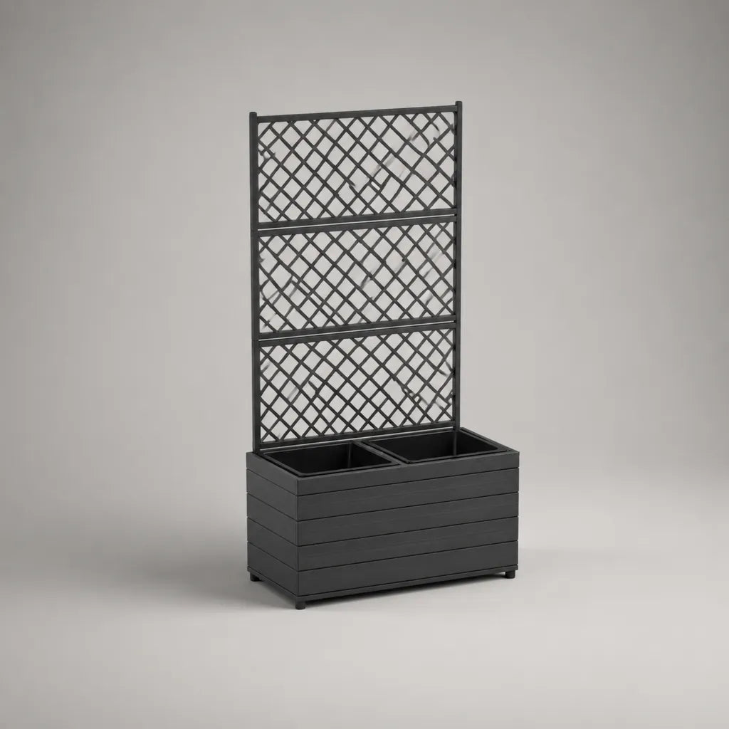 Jardinière rectangulaire en plastique noir à 2 bacs avec treillis, 80 × 40 × 150 cm