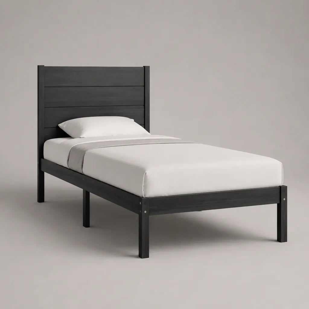 Lit simple en bois noir avec tête de lit, couchage 90 × 190 cm, dimensions 198 × 96 × 110 cm
