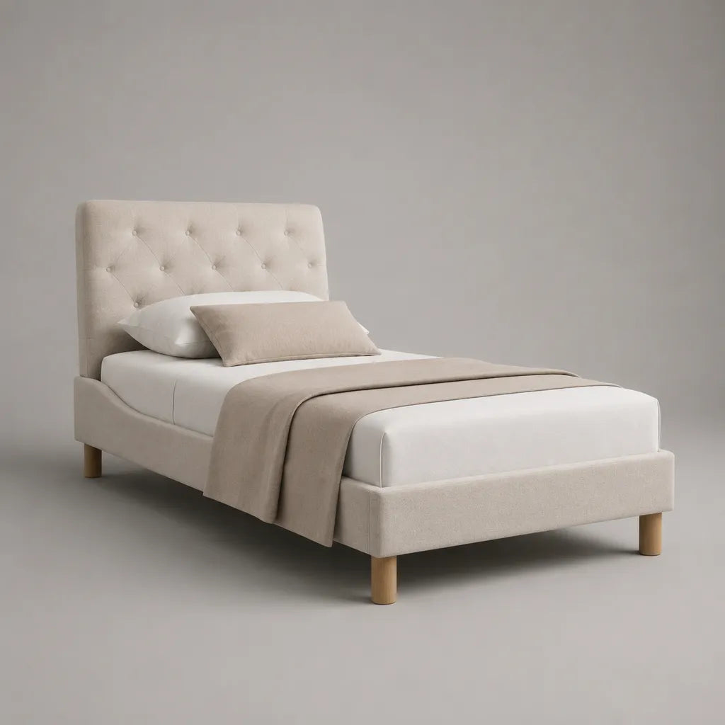 Lit simple rectangulaire rembourré en tissu beige 90 × 190 cm avec tête de lit capitonnée et sommier à lattes