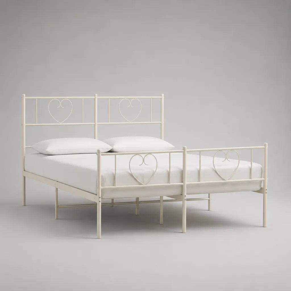 Lot de 2 lits simples en acier blanc avec motifs cœur, couchage 90 × 200 cm par lit