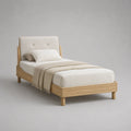 Lit simple rectangulaire 90 × 200 cm en chêne massif avec tête de lit rembourrée beige, bois naturel