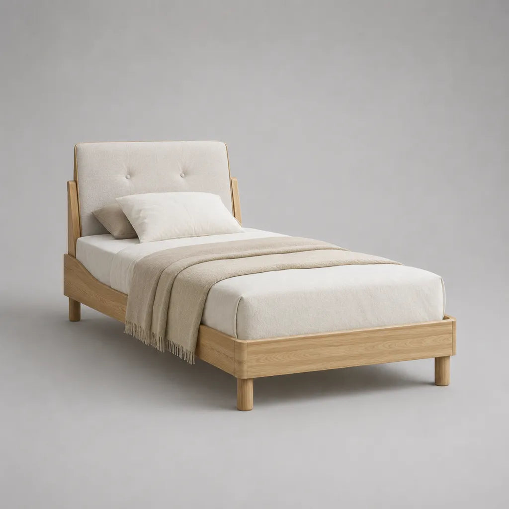 Lit simple rectangulaire 90 × 200 cm en chêne massif avec tête de lit rembourrée beige, bois naturel