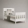 Lit double 140 x 190 cm en bois et MDF blanc avec tête de lit à rangements