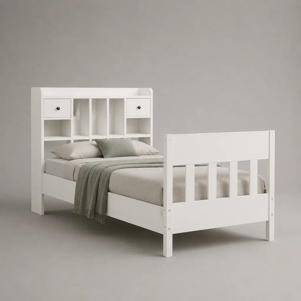 Lit double 140 x 190 cm en bois et MDF blanc avec tête de lit à rangements