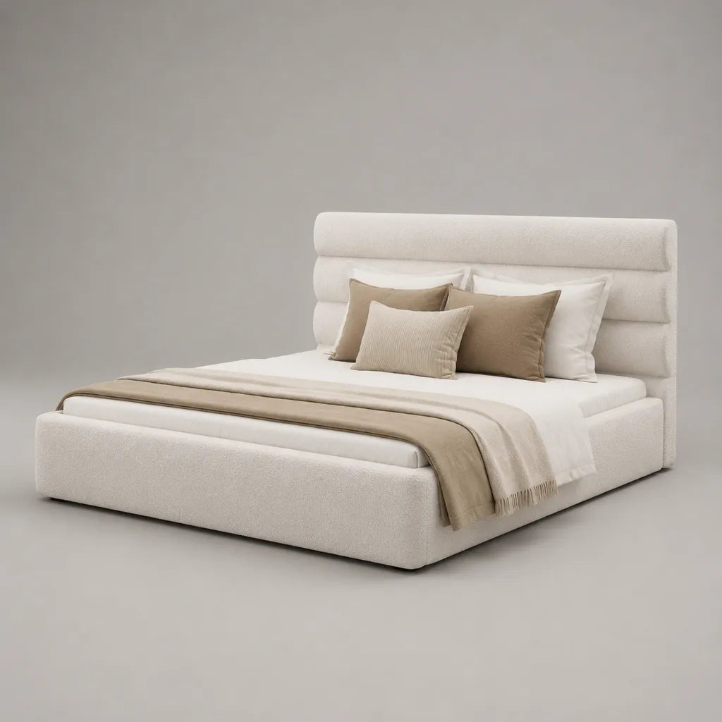 Cadre de lit double 160 x 200 cm en tissu bouclé blanc cassé avec tête de lit rembourrée, 178 x 220 x 120 cm