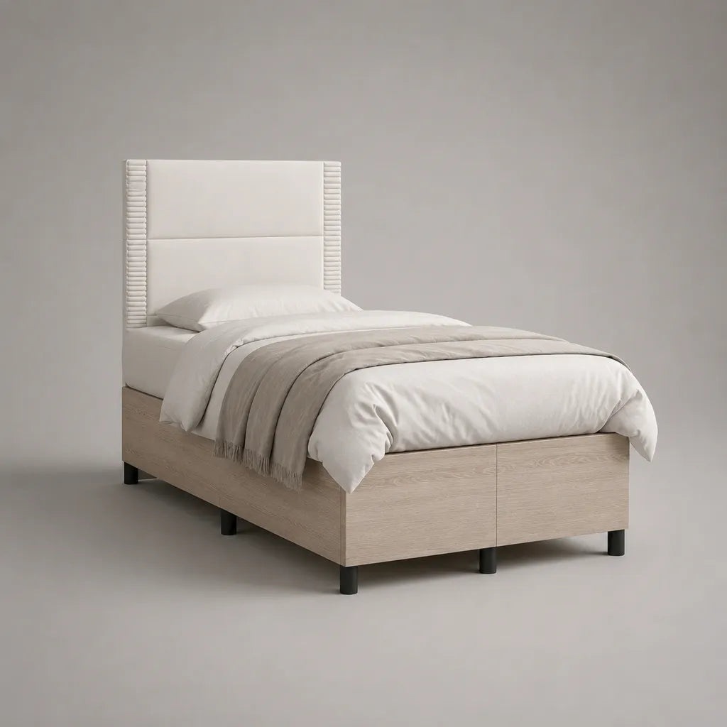 Cadre de lit simple en bois 90 × 190 cm avec tête de lit rembourrée, chêne clair, blanc et pieds noirs