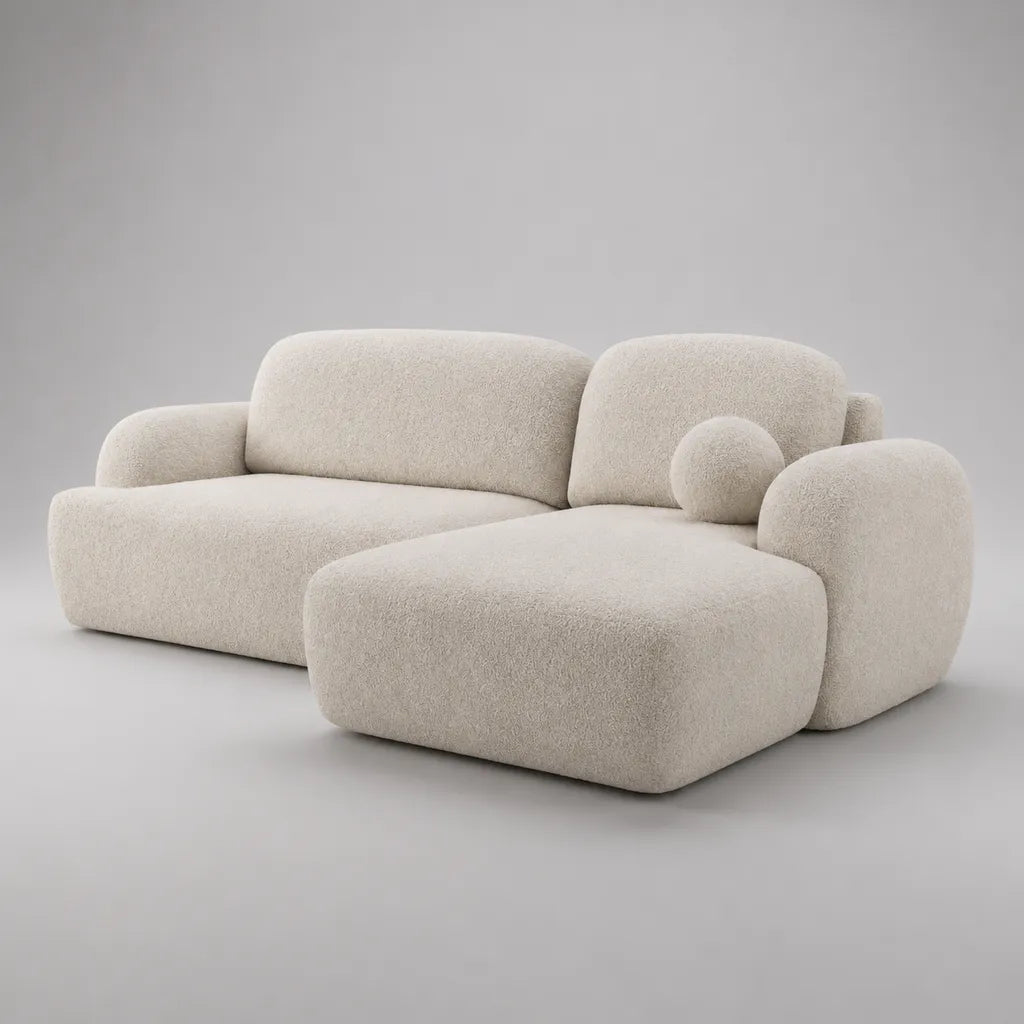 Canapé d’angle 3 places en tissu bouclé ivoire avec méridienne à droite, 250 × 170 × 78 cm