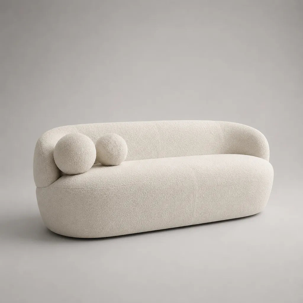 Canapé 3 places en tissu bouclette avec 2 coussins ronds, blanc cassé, 220 × 95 × 78 cm