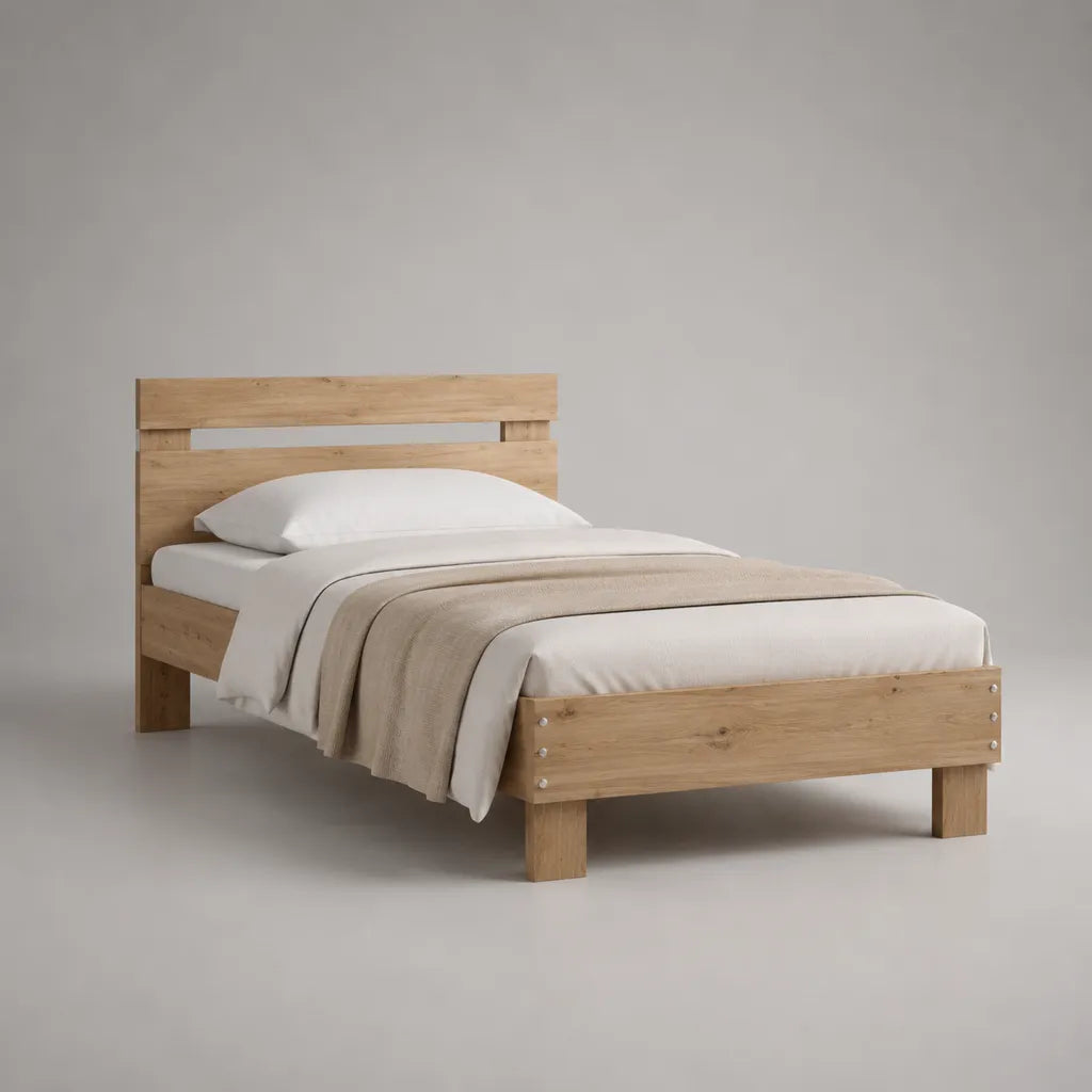 Cadre de lit 1 place en bois massif avec tête de lit et sommier à lattes, beige naturel, couchage 90 × 190 cm