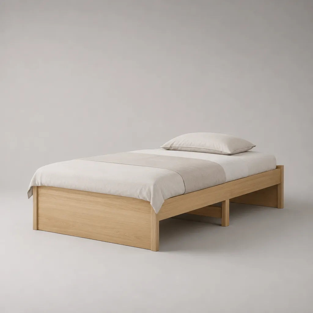 Cadre de lit simple 90 × 190 cm en hévéa massif, chêne clair, sans tête de lit