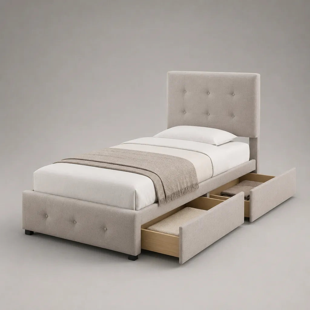 Lit simple rembourré en polyester beige avec 2 tiroirs latéraux et sommier à lattes, couchage 90 × 190 cm, dimensions 99 × 203 × 110 cm