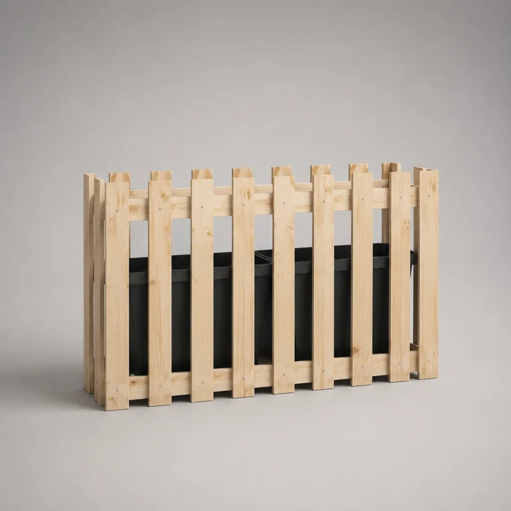 Jardinière rectangulaire surélevée en bois avec 3 bacs en plastique, bois naturel et noir, 100 × 33 × 70 cm