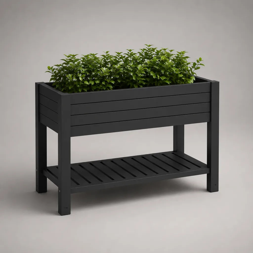 Jardinière surélevée rectangulaire en acier noir mat avec étagère, 100 × 40 × 80 cm