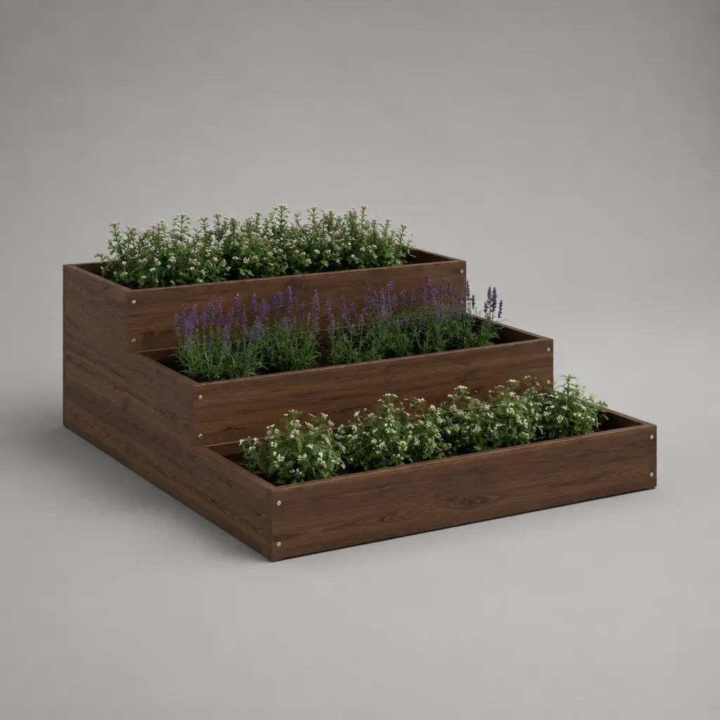 Jardinière surélevée rectangulaire à 3 niveaux en bois marron foncé, 120 × 90 × 60 cm