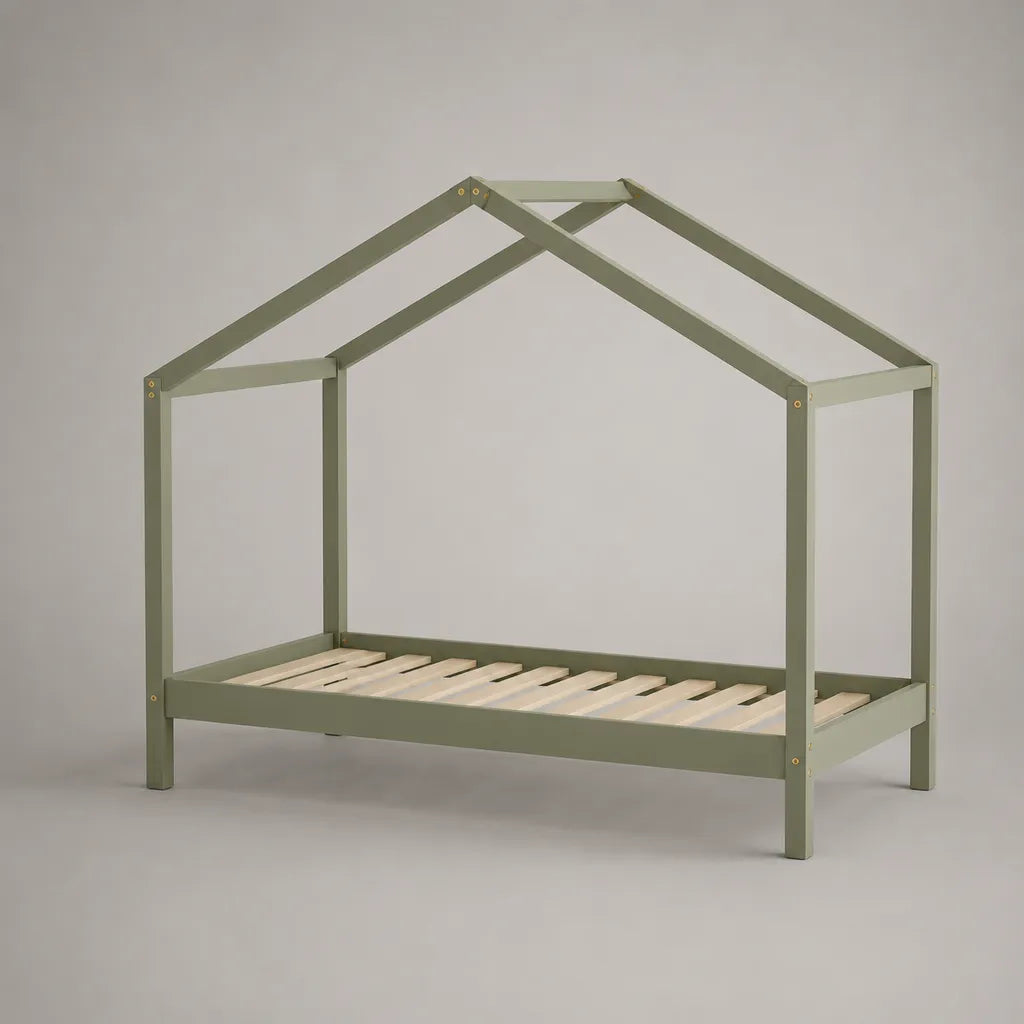 Lit cabane pour enfant 90 × 190 cm en pin massif, sommier à lattes, vert sauge et bois naturel