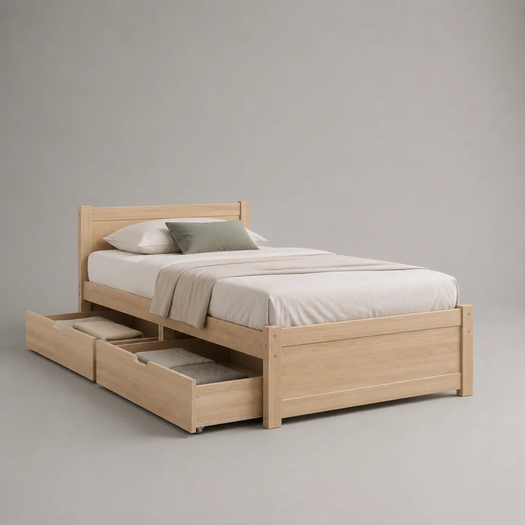Lit double en bois avec sommier à lattes et 2 tiroirs, bois naturel, couchage 140 × 190 cm, dimensions 204 × 148 × 95 cm