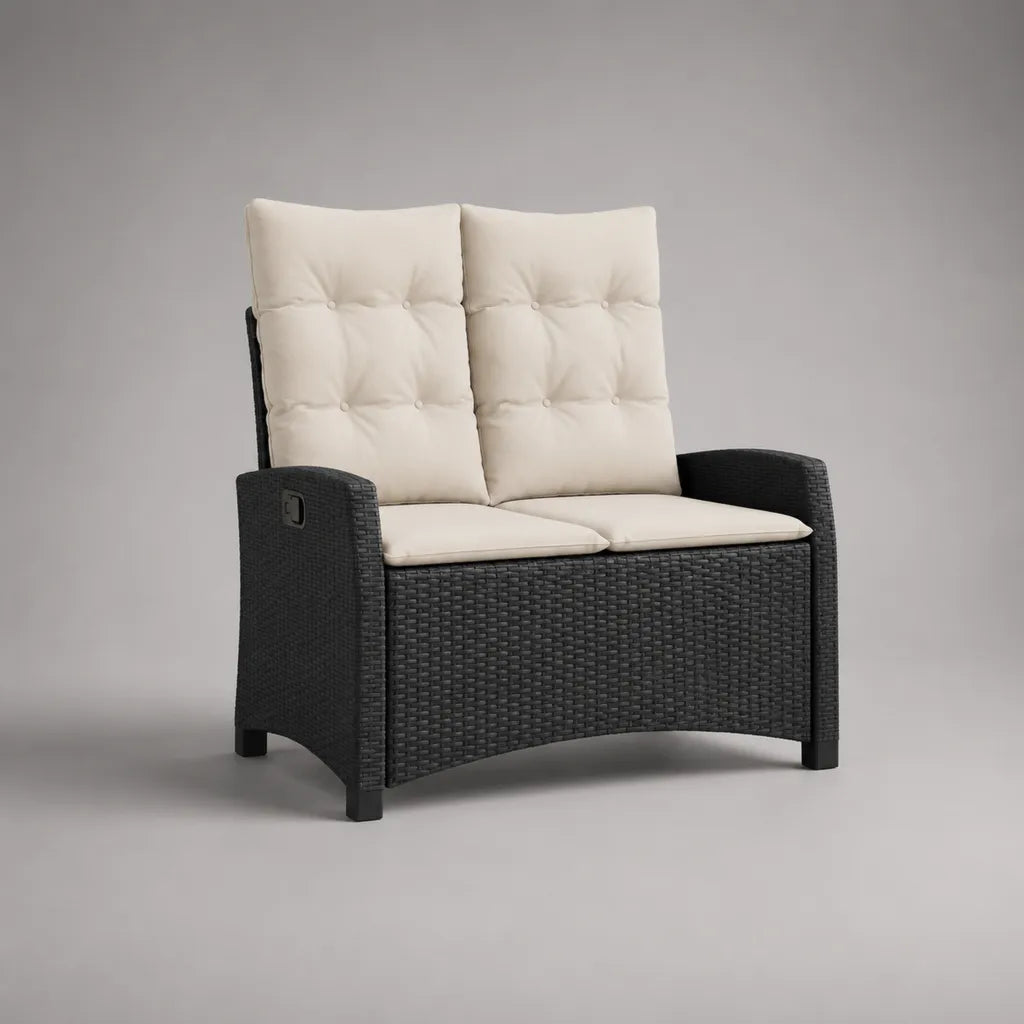 Banc de jardin inclinable 2 places en polypropylène tressé noir avec coussins écrus, 132 × 71 × 102 cm