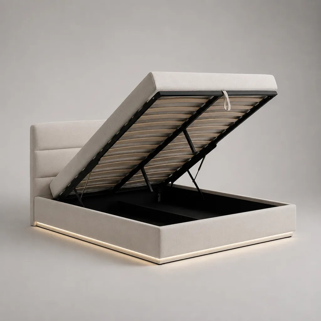 Lit coffre double 160 x 200 cm en tissu beige et métal noir avec sommier à lattes et éclairage LED