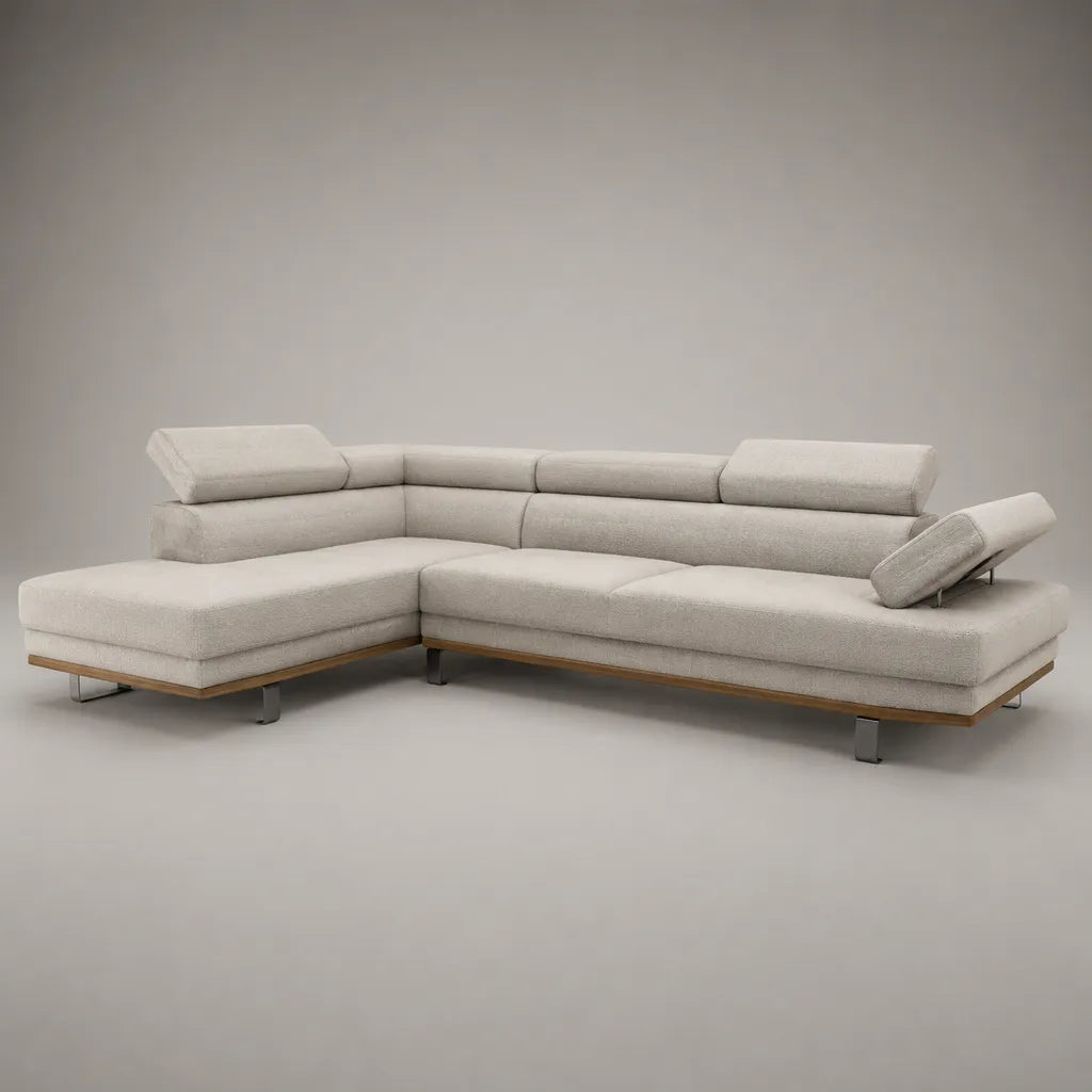 Canapé d’angle 4 places en tissu bouclé écru avec méridienne gauche et appuie-têtes réglables, 300 × 210 × 90 cm