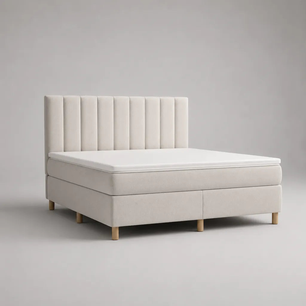Ensemble lit double boxspring en tissu beige clair 160 x 200 cm avec matelas, surmatelas et tête de lit à panneaux verticaux