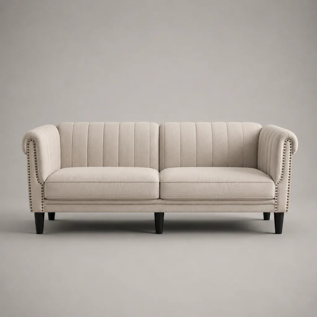 Canapé droit 3 places en velours polyester beige avec accoudoirs roulés, 214 × 82 × 83 cm