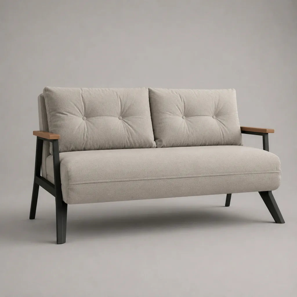 Canapé 2 places en tissu et acier beige, dossier capitonné, 148 × 78 × 84 cm