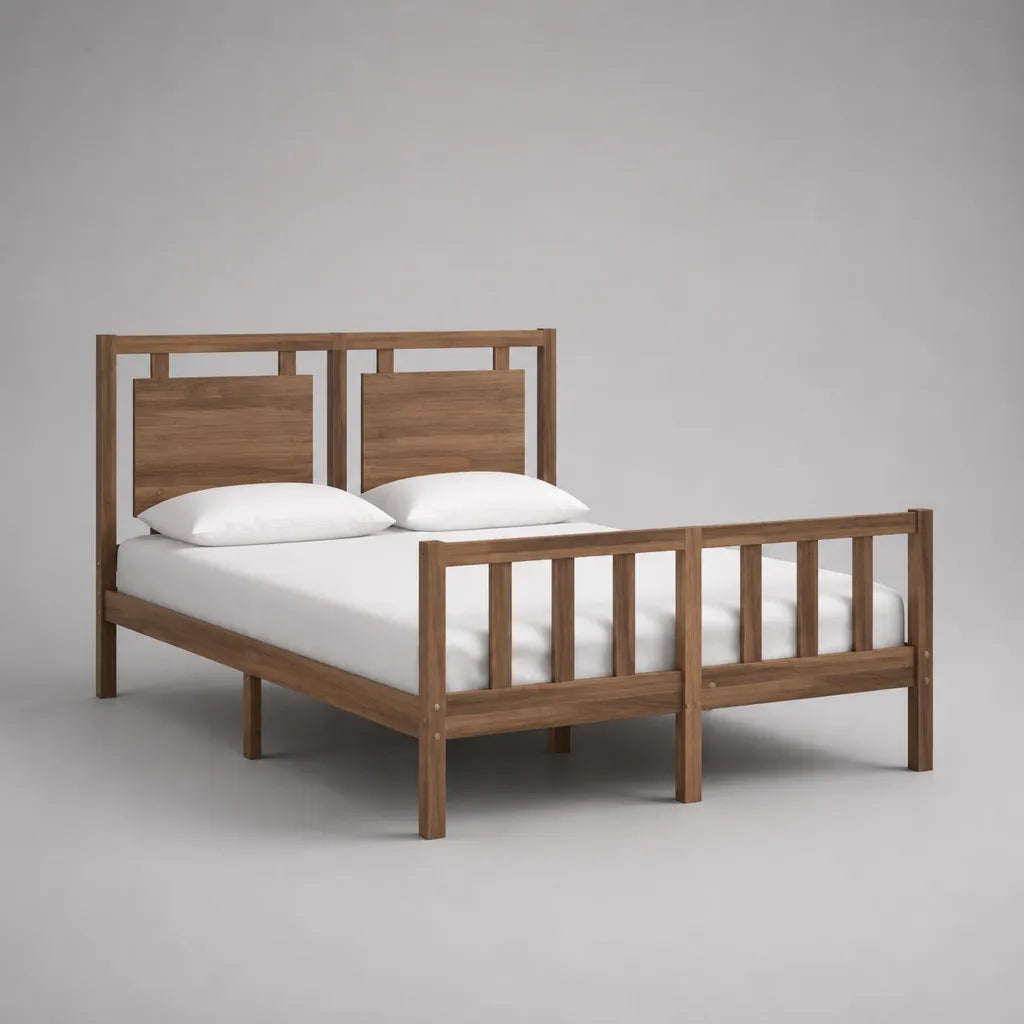 Cadre de lit double 140 × 190 cm en pin massif brun noyer avec tête et pied de lit