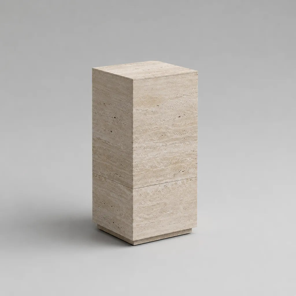 Table d’appoint colonne carrée en travertin beige et panneau MDF, 32 × 32 × 70 cm