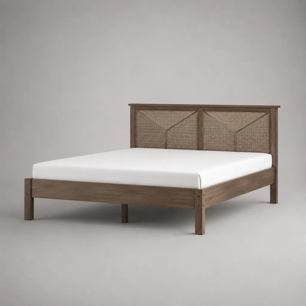 Cadre de lit double rectangulaire en bois et rotin brun taupe, couchage 160 × 200 cm, dimensions 169 × 209 × 110 cm