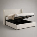 Lit coffre double 160 x 200 cm rembourré en polyester écru avec sommier relevable