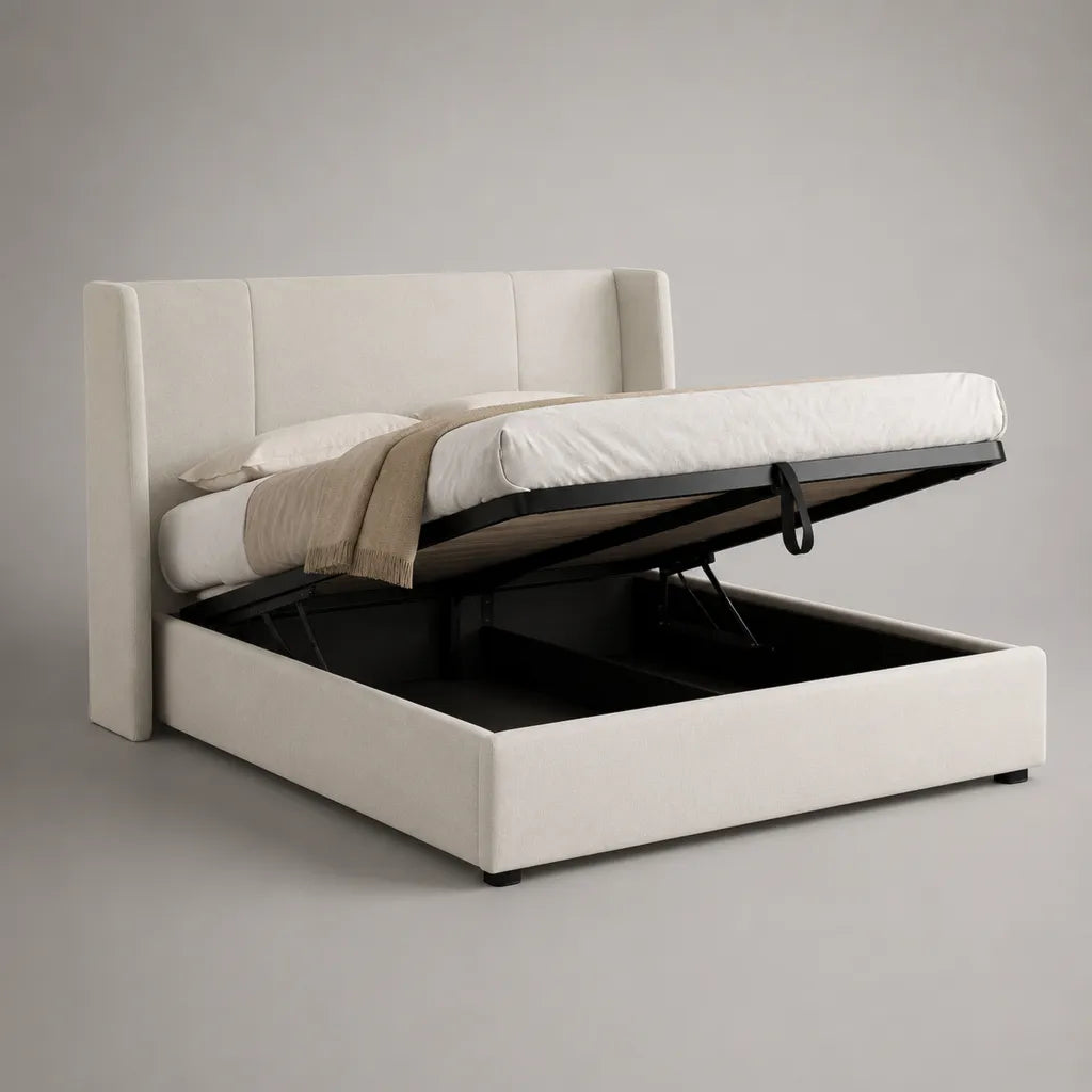 Lit coffre double 160 x 200 cm rembourré en polyester écru avec sommier relevable