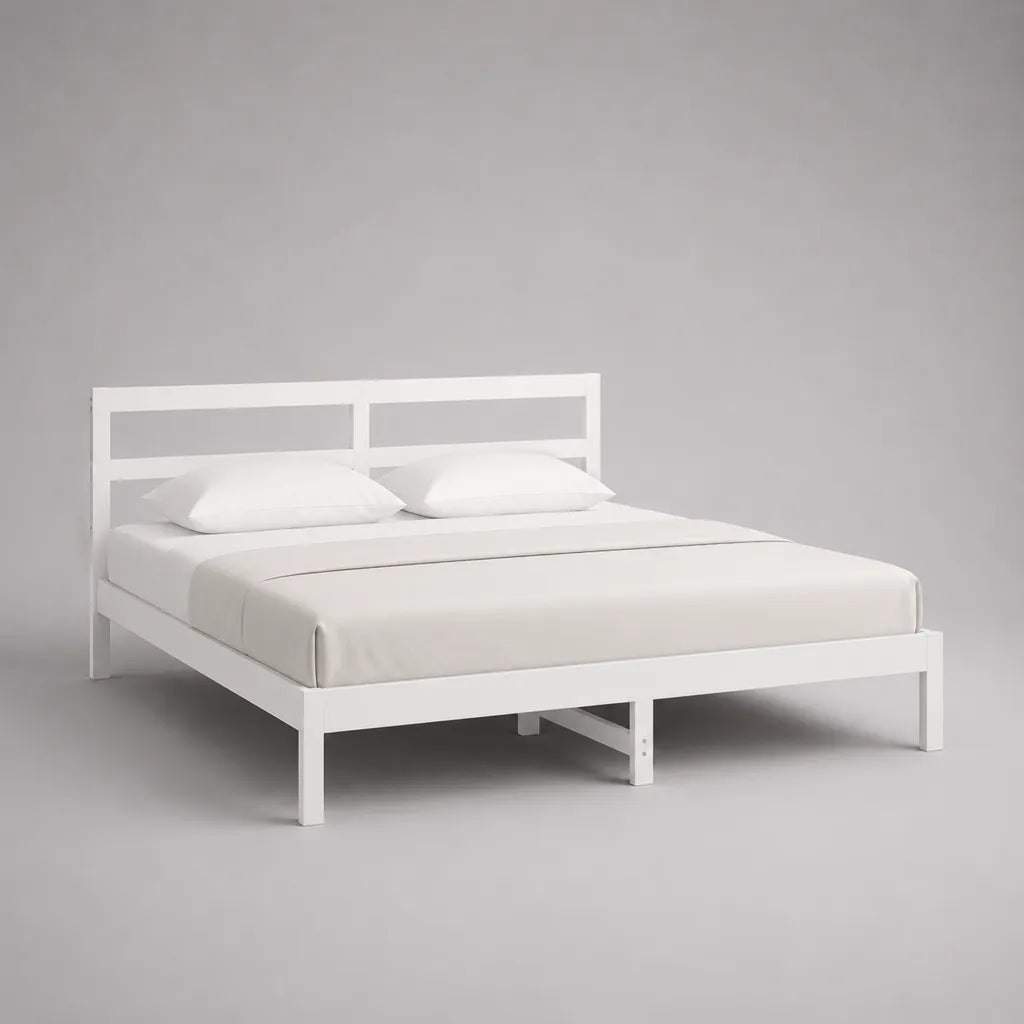 Lit double rectangulaire blanc en bois avec sommier à lattes, couchage 160 × 200 cm, dimensions 207 × 167 × 90 cm