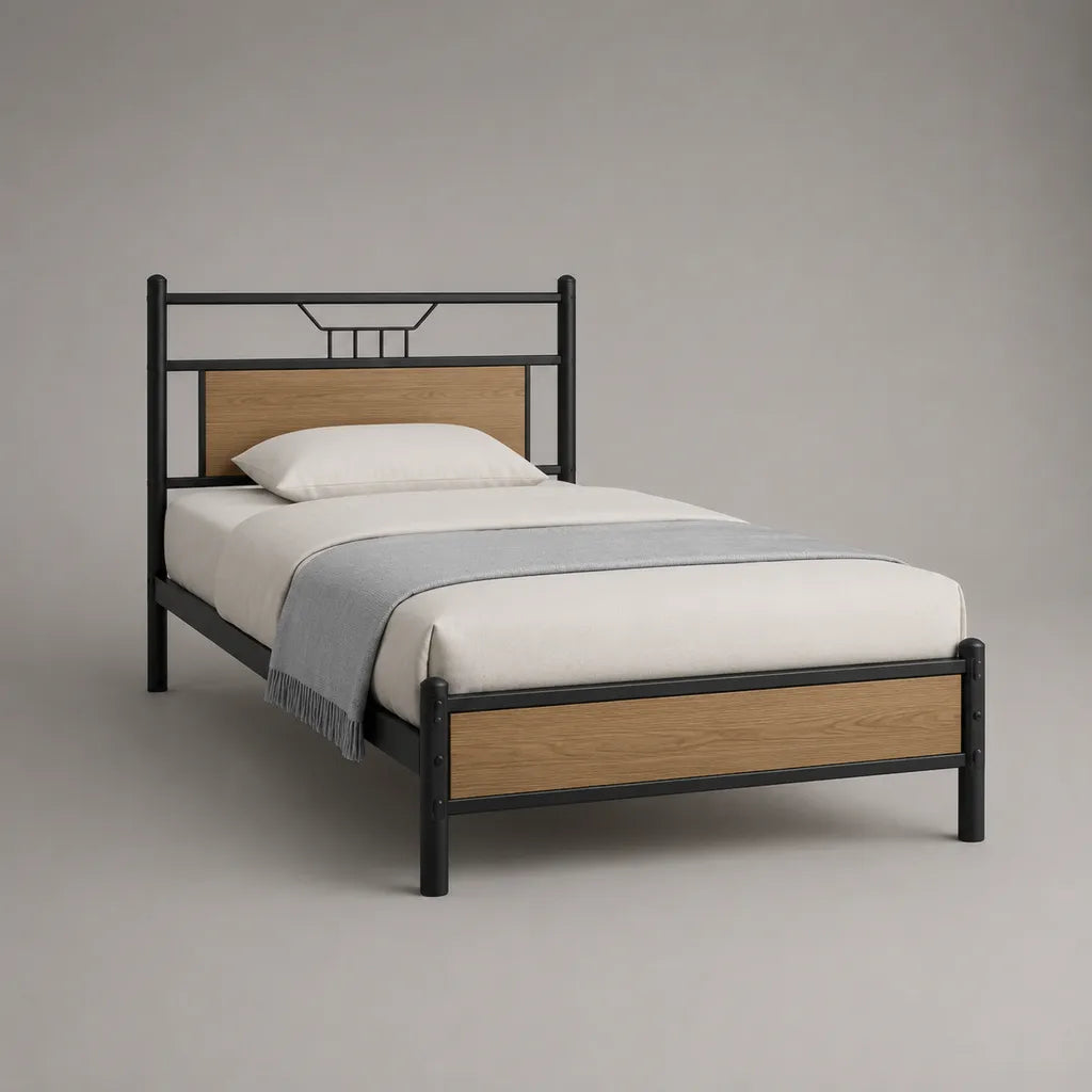 Lit simple 90 × 190 cm avec cadre en acier noir et panneaux MDF décor chêne naturel
