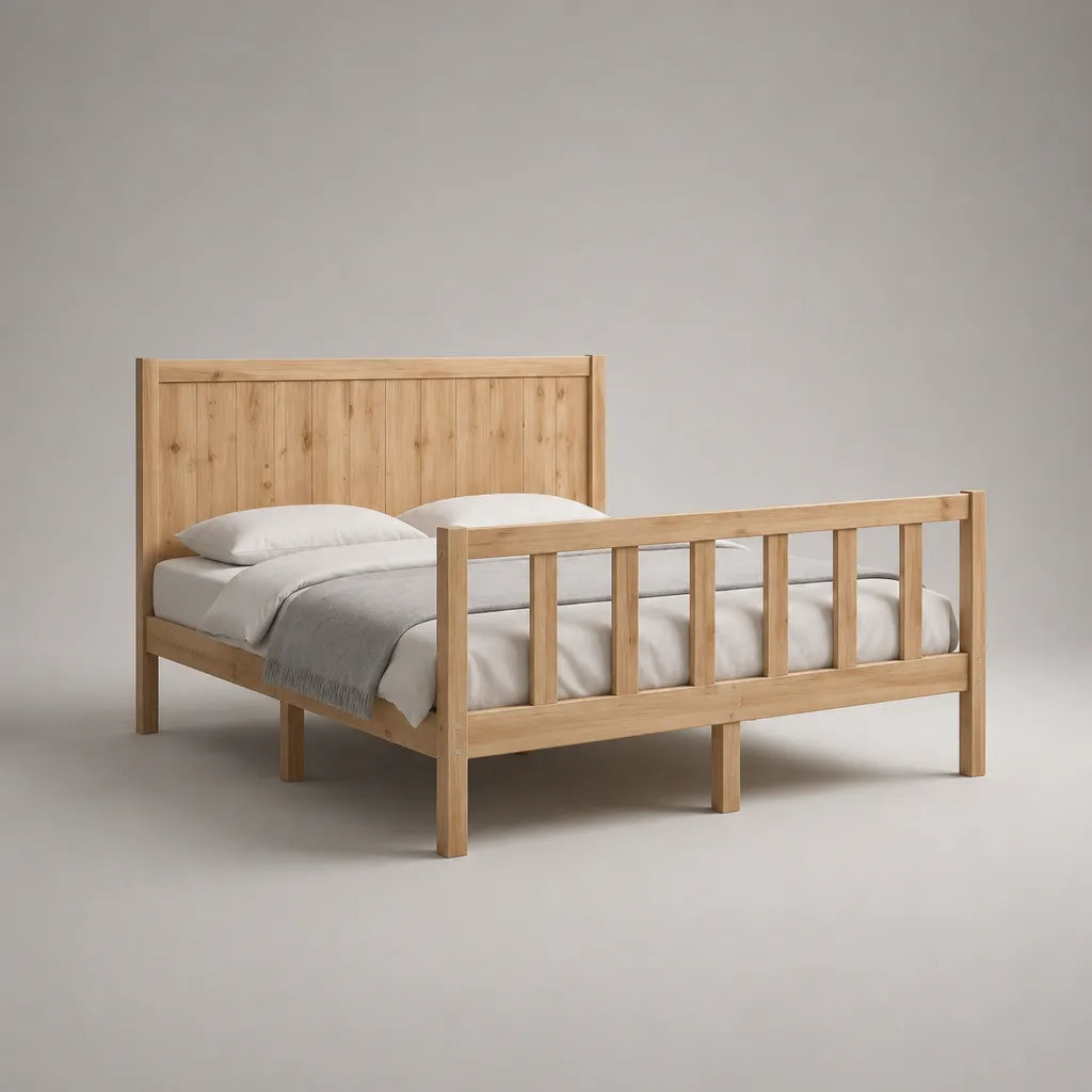 Lit double avec sommier à lattes en pin massif, bois naturel, couchage 140 × 190 cm, dimensions 202 × 151 × 110 cm